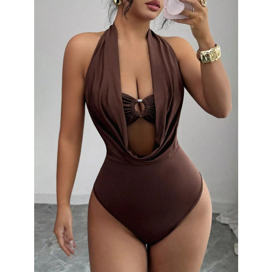 Halter Neck Ruched Ring Detail Bodysuit Brown / S Apparel and Accessories