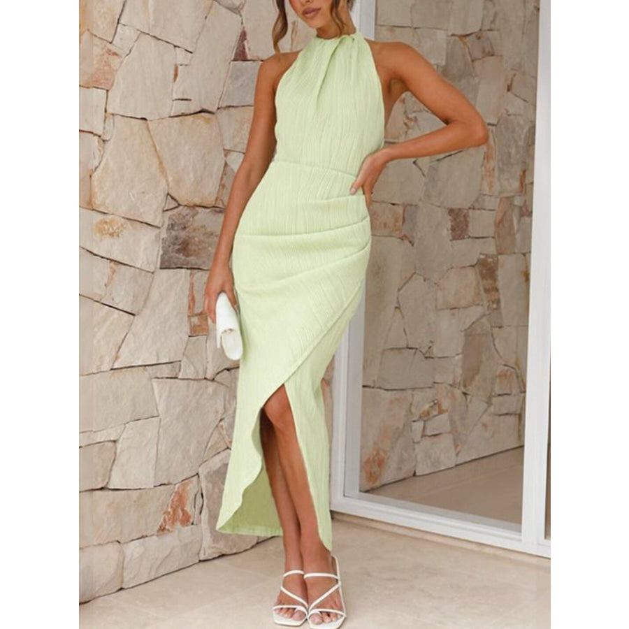 Halter Neck Ruched Slit Dress Apparel and Accessories
