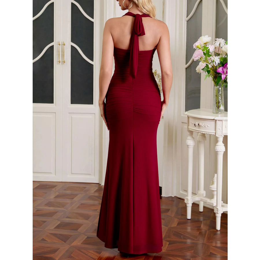 Halter Neck Ruched Slit Maxi Dress Apparel and Accessories