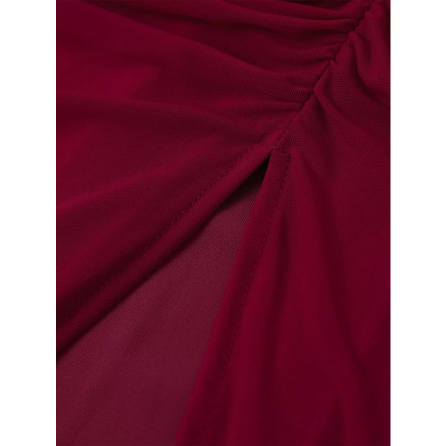 Halter Neck Ruched Slit Maxi Dress Apparel and Accessories