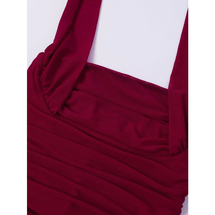 Halter Neck Ruched Slit Maxi Dress Apparel and Accessories