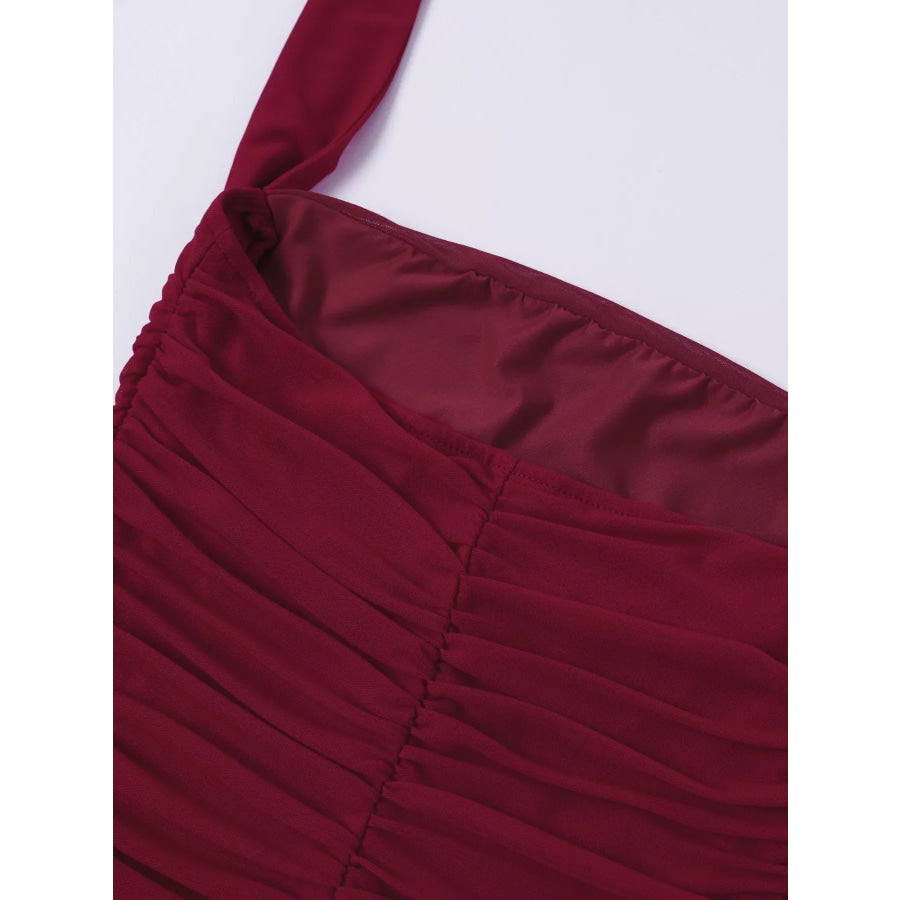 Halter Neck Ruched Slit Maxi Dress Apparel and Accessories