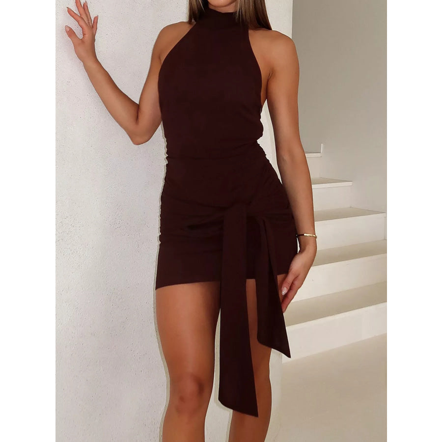 Halter Neck Ruched Tie Detail Mini Dress Apparel and Accessories