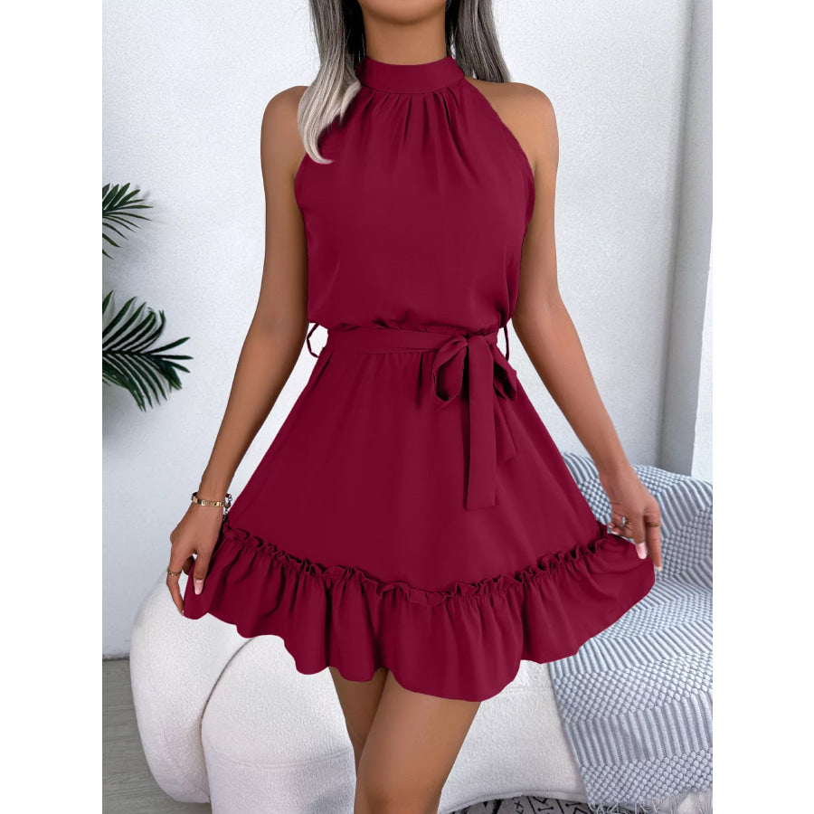 Halter Neck Ruffle Hem A-Line Dress Apparel and Accessories