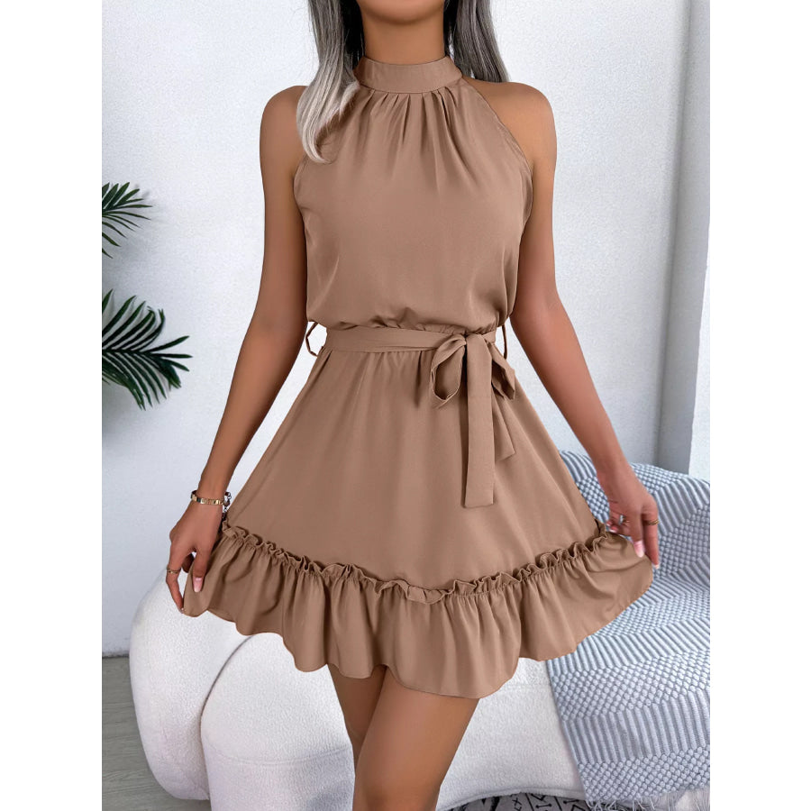 Halter Neck Ruffle Hem A-Line Dress Apparel and Accessories