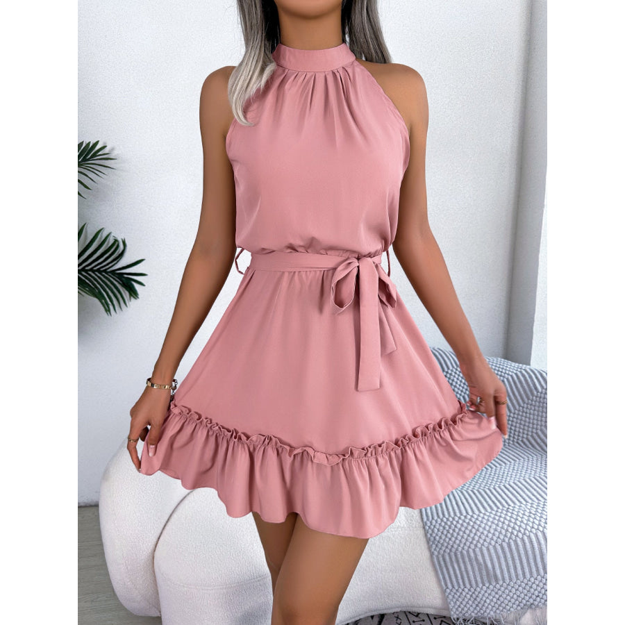 Halter Neck Ruffle Hem A-Line Dress Apparel and Accessories