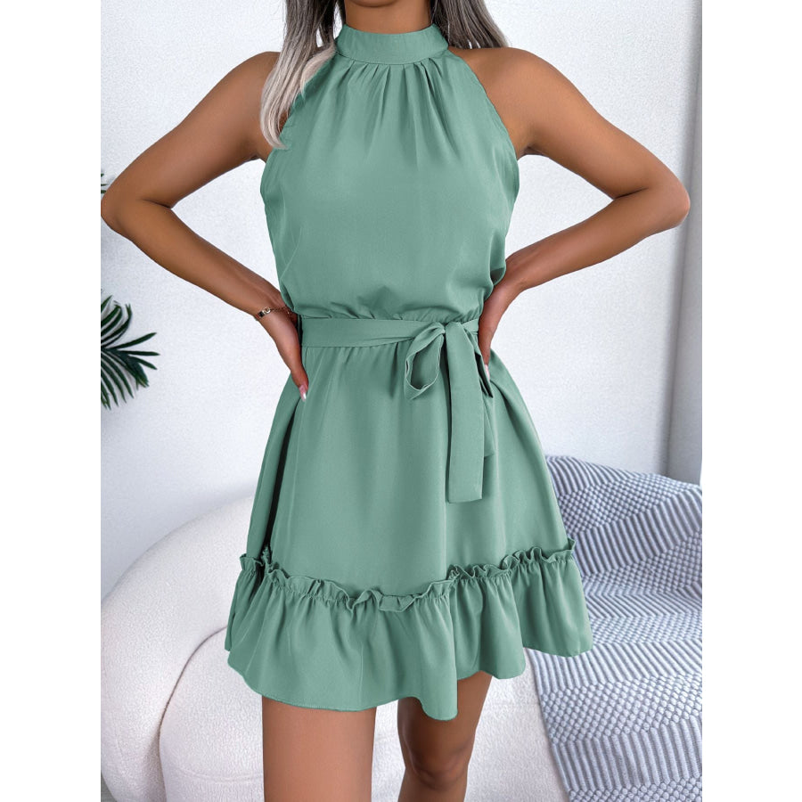 Halter Neck Ruffle Hem A-Line Dress Apparel and Accessories
