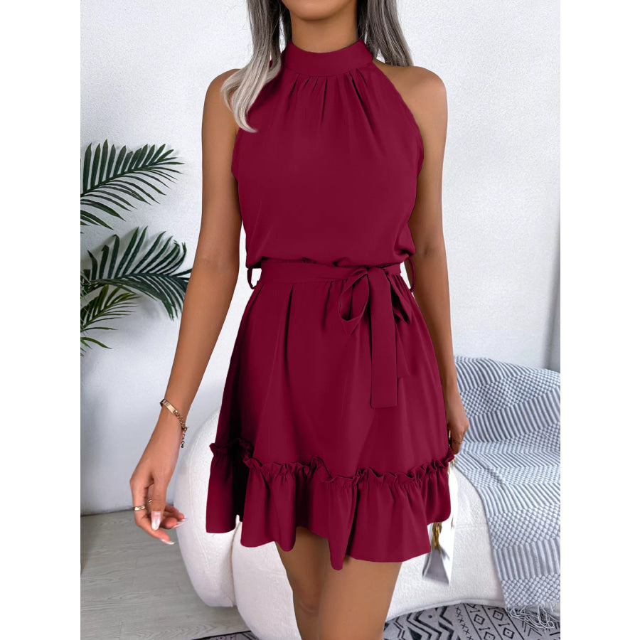 Halter Neck Ruffle Hem A-Line Dress Apparel and Accessories
