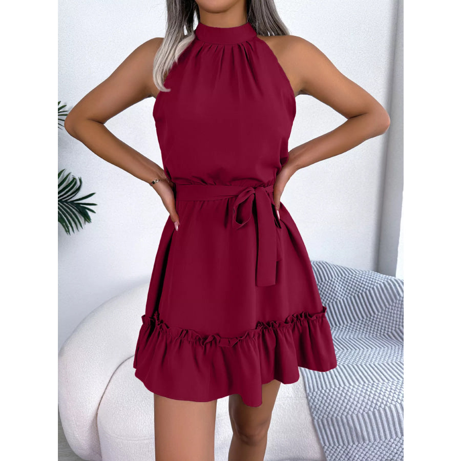 Halter Neck Ruffle Hem A-Line Dress Apparel and Accessories