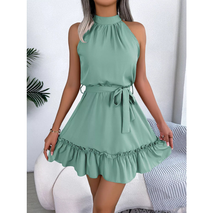 Halter Neck Ruffle Hem A-Line Dress Green / S Apparel and Accessories