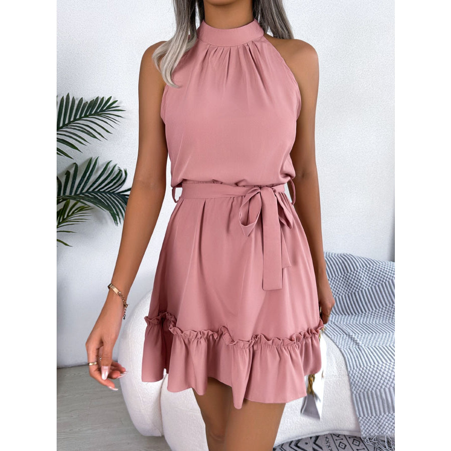 Halter Neck Ruffle Hem A-Line Dress Pink / S Apparel and Accessories