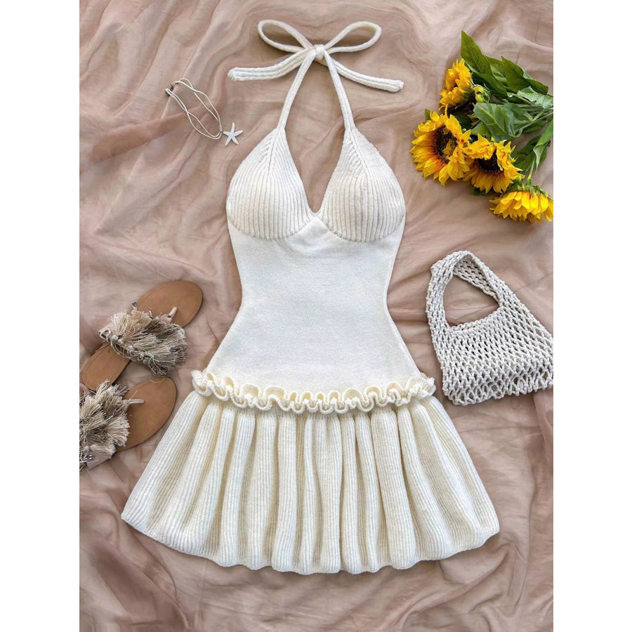 Halter Neck Ruffle Hem Knit Sweater Dress Apparel and Accessories