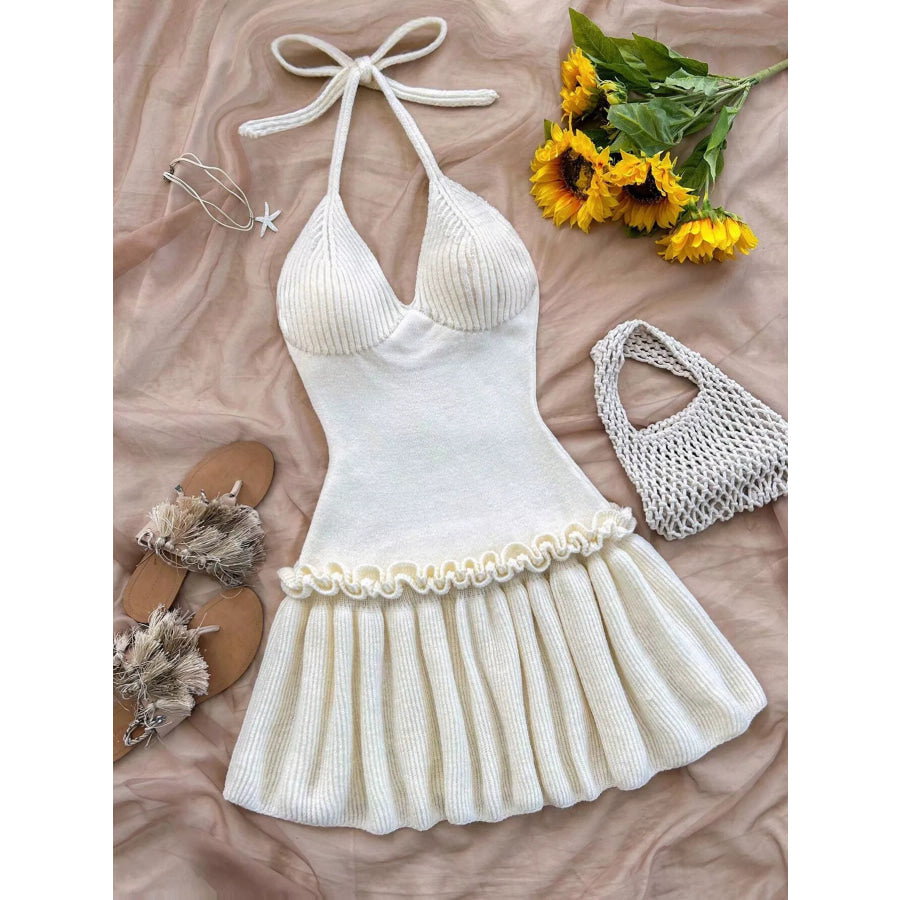 Halter Neck Ruffle Hem Knit Sweater Dress White / S Apparel and Accessories