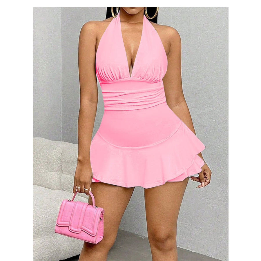 Halter Neck Ruffle Hem Mini Dress Apparel and Accessories