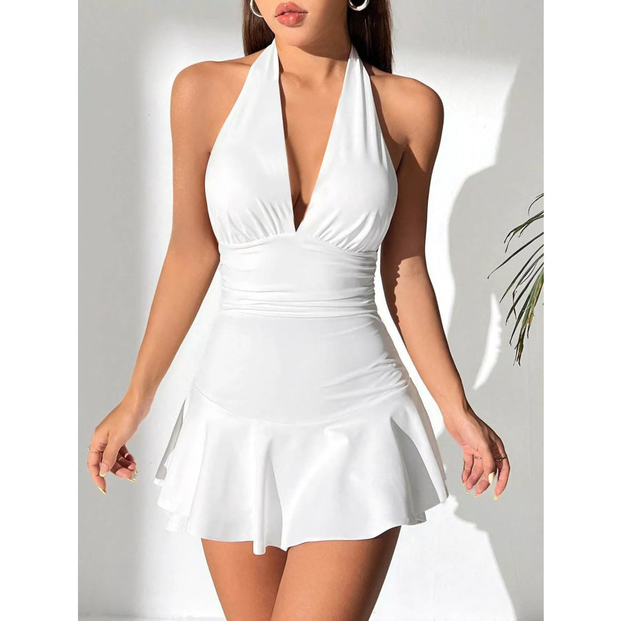 Halter Neck Ruffle Hem Mini Dress White / XS Apparel and Accessories