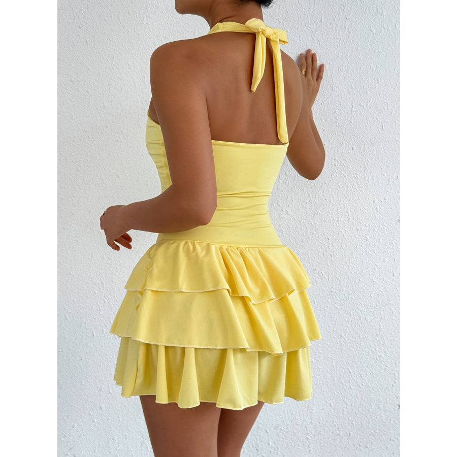 Halter Neck Ruffle Layered Dress Apparel and Accessories