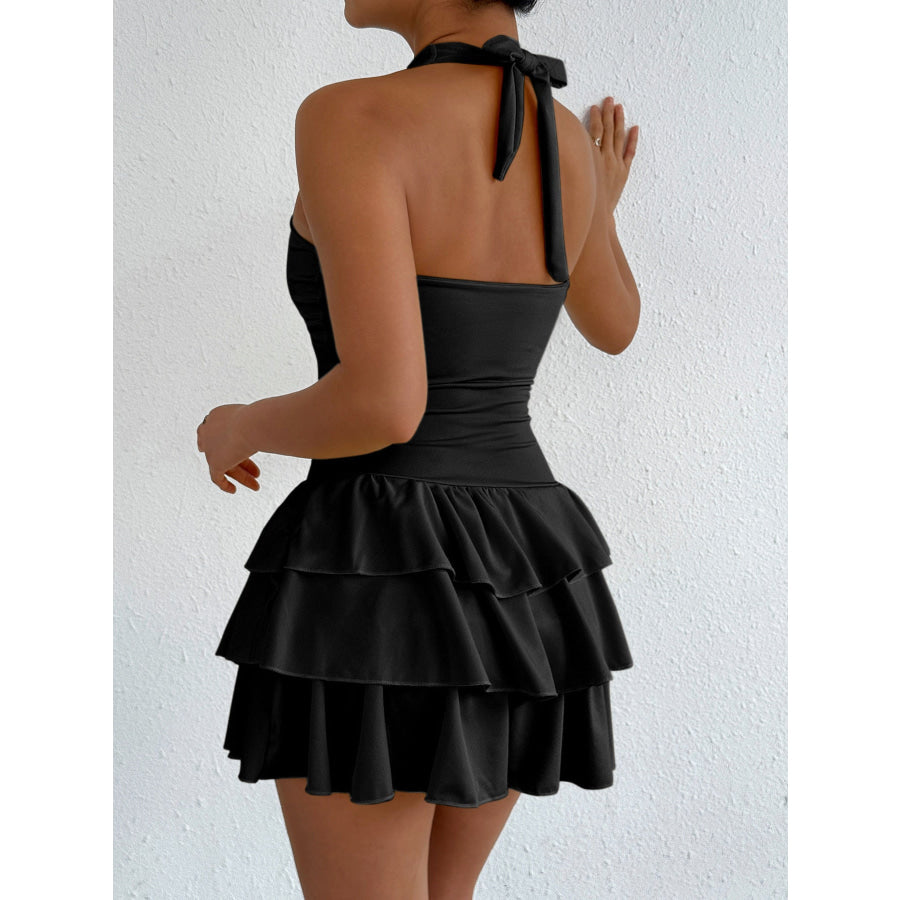 Halter Neck Ruffle Layered Dress Apparel and Accessories