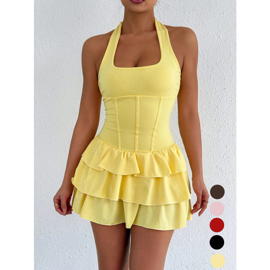 Halter Neck Ruffle Layered Dress Apparel and Accessories