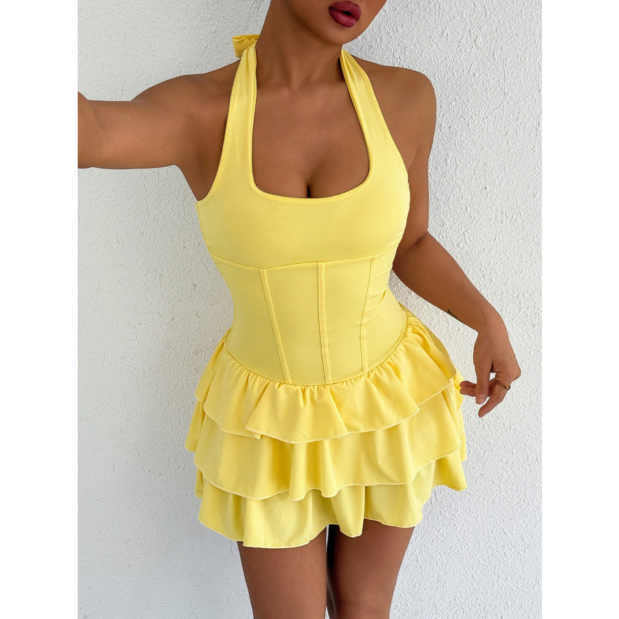 Halter Neck Ruffle Layered Dress Apparel and Accessories