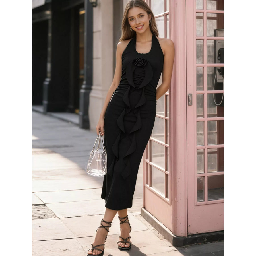 Halter Neck Ruffle Midi Dress Black / M Apparel and Accessories