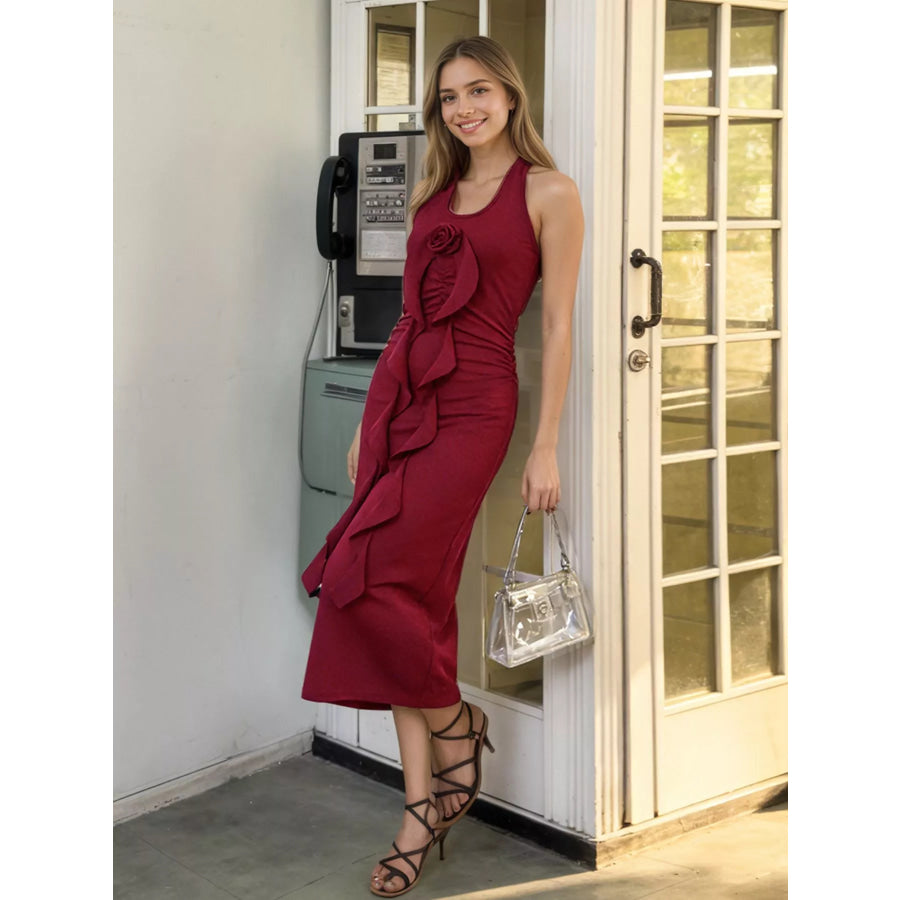 Halter Neck Ruffle Midi Dress Burgundy / M Apparel and Accessories