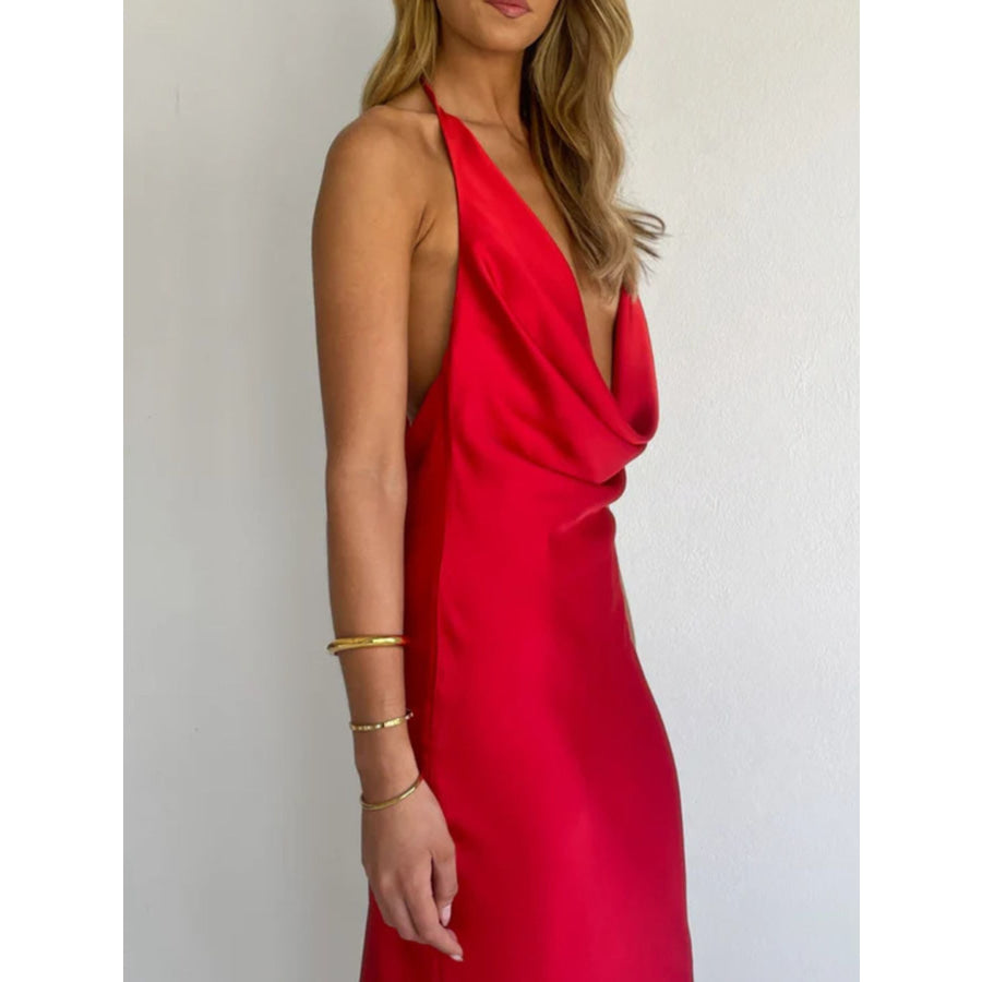 Halter Neck Satin Maxi Dress Apparel and Accessories