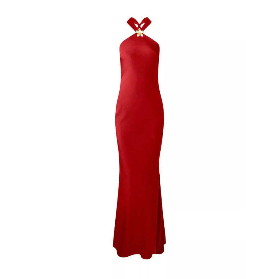 Halter Neck Satin Maxi Dress Apparel and Accessories