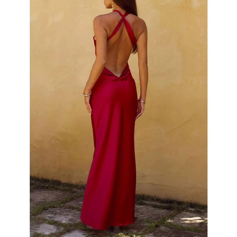 Halter Neck Satin Maxi Dress Apparel and Accessories