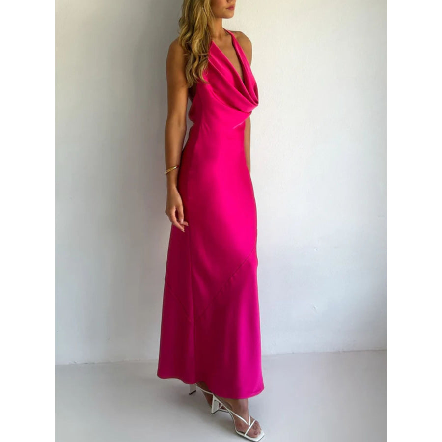 Halter Neck Satin Maxi Dress Apparel and Accessories
