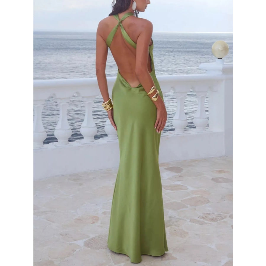 Halter Neck Satin Maxi Dress Apparel and Accessories