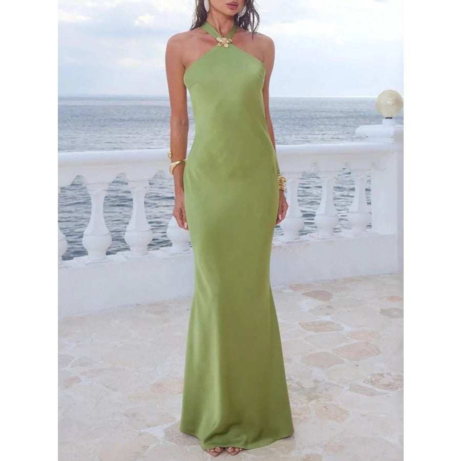 Halter Neck Satin Maxi Dress Green / S Apparel and Accessories