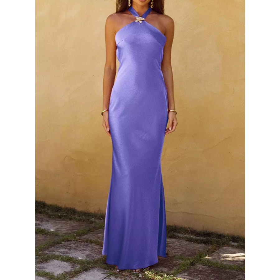 Halter Neck Satin Maxi Dress Purple / S Apparel and Accessories