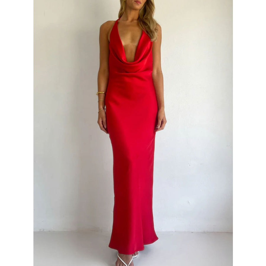 Halter Neck Satin Maxi Dress Red / S Apparel and Accessories