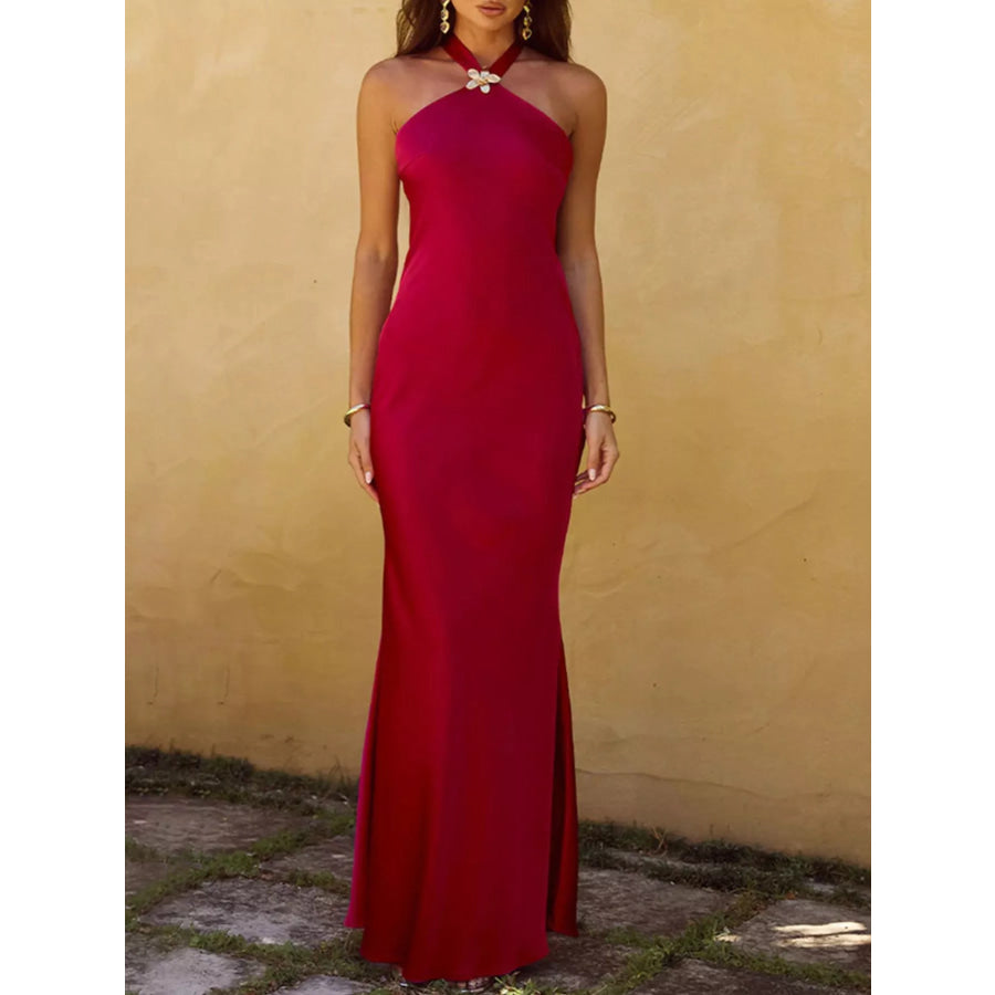 Halter Neck Satin Maxi Dress Red / S Apparel and Accessories