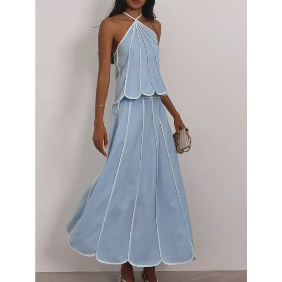 Halter Neck Scalloped Hem Top and Skirt Set Apparel and Accessories