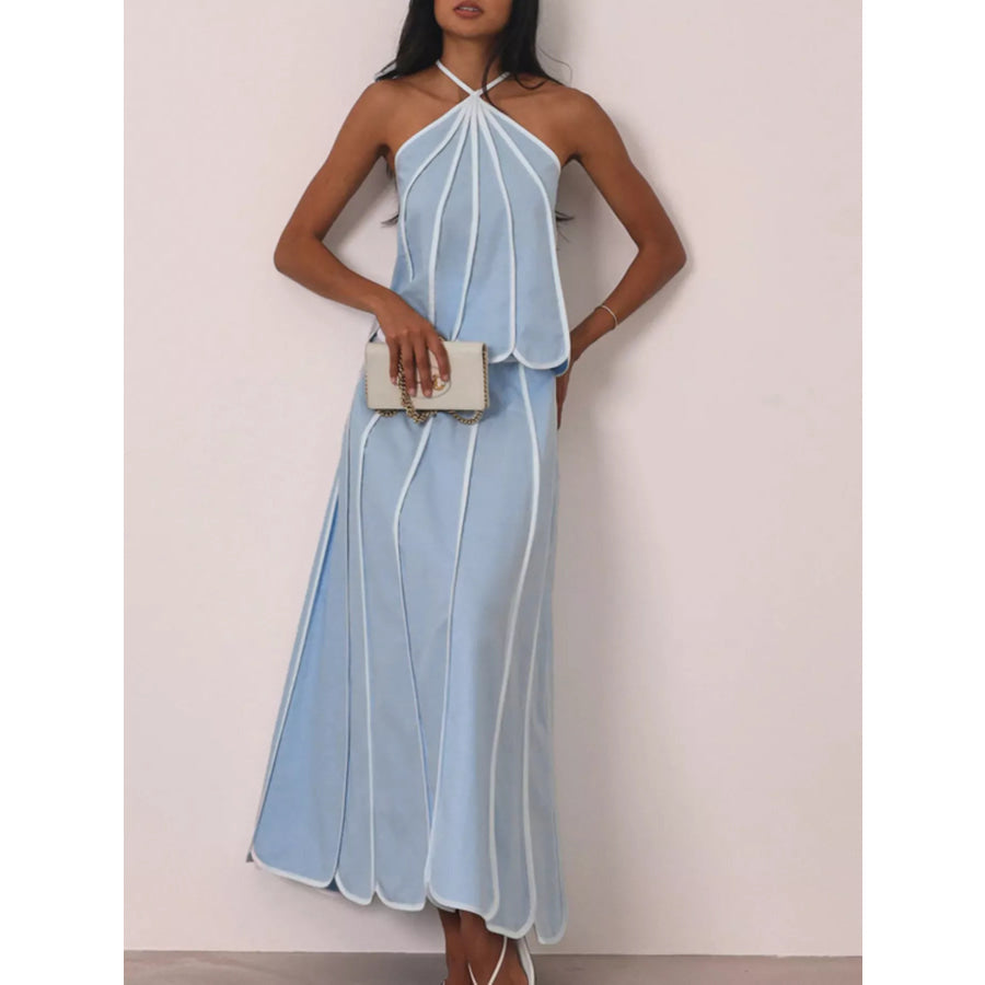 Halter Neck Scalloped Hem Top and Skirt Set Light Blue / S Apparel and Accessories