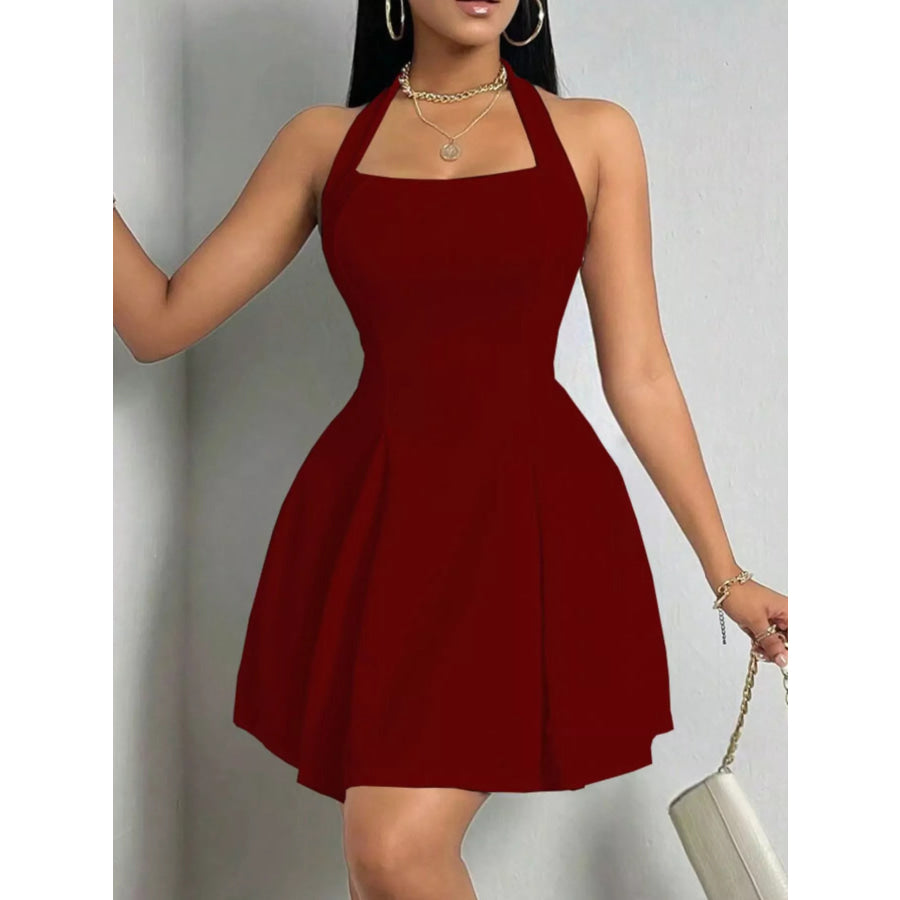 Halter Neck Sleeveless A-Line Mini Dress Wine Red / XS Apparel and Accessories