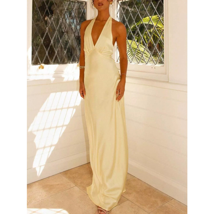 Halter Neck Sleeveless Maxi Dress Pastel Yellow / S Apparel and Accessories