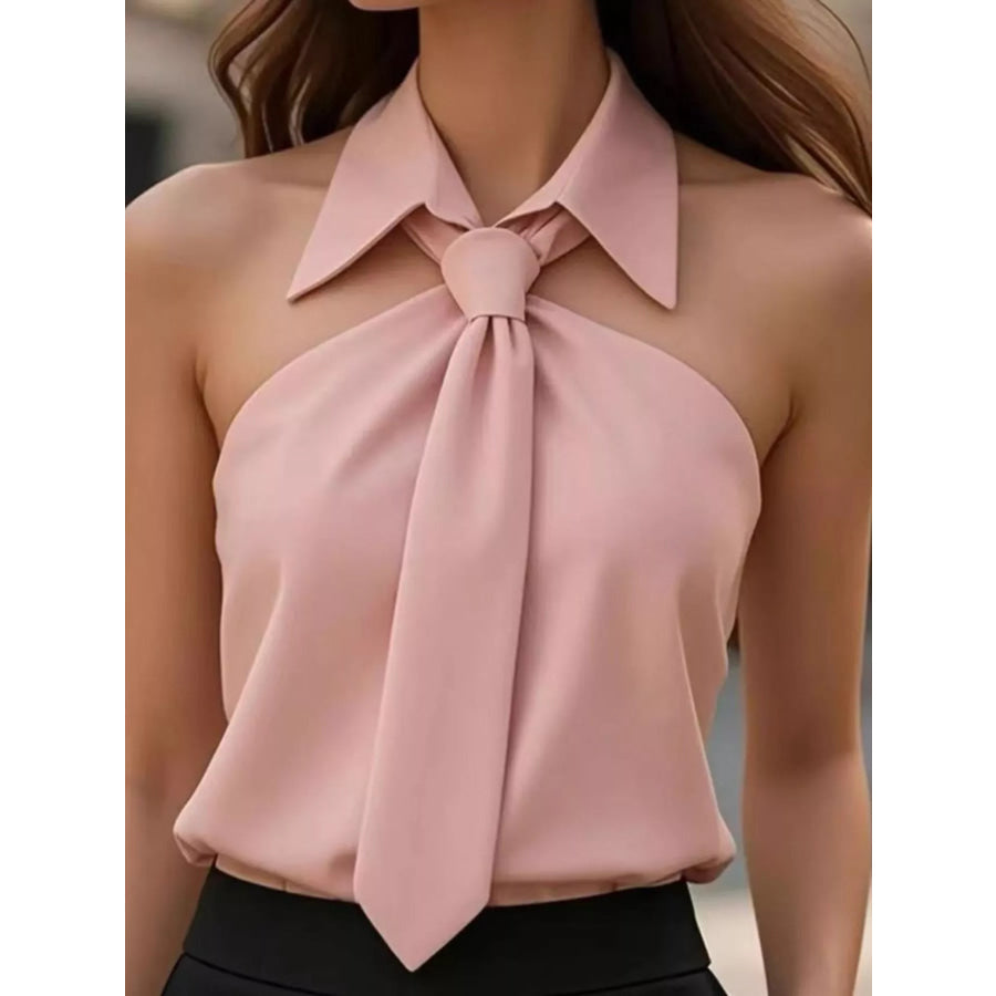 Halter Neck Sleeveless Top with Tie-Front Collar Detail Pink / S Apparel and Accessories