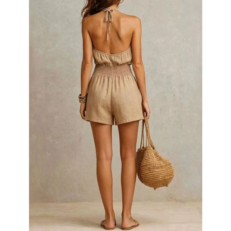 Halter Neck Smocked Waist Romper Khaki / S Apparel and Accessories