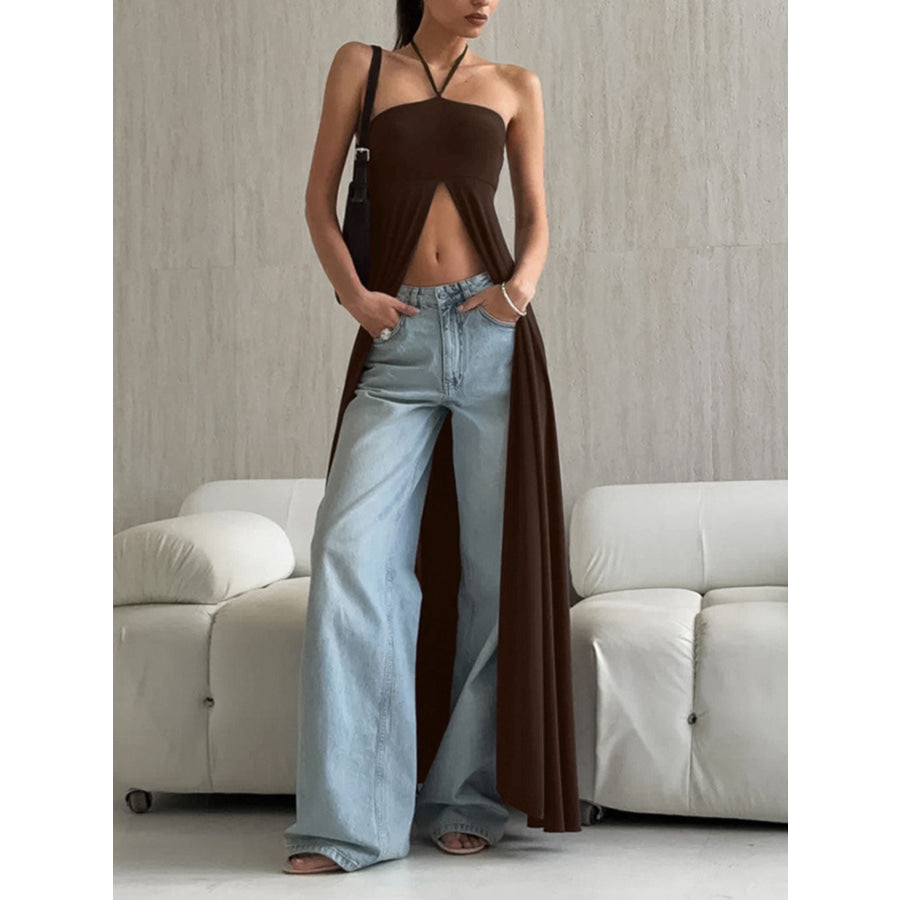Halter Neck Split Longline Cami Brown / S Apparel and Accessories