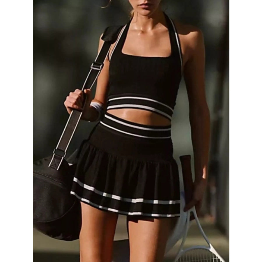 Halter Neck Tank and Skirt Tennis Active Set Black / S Apparel and Accessories