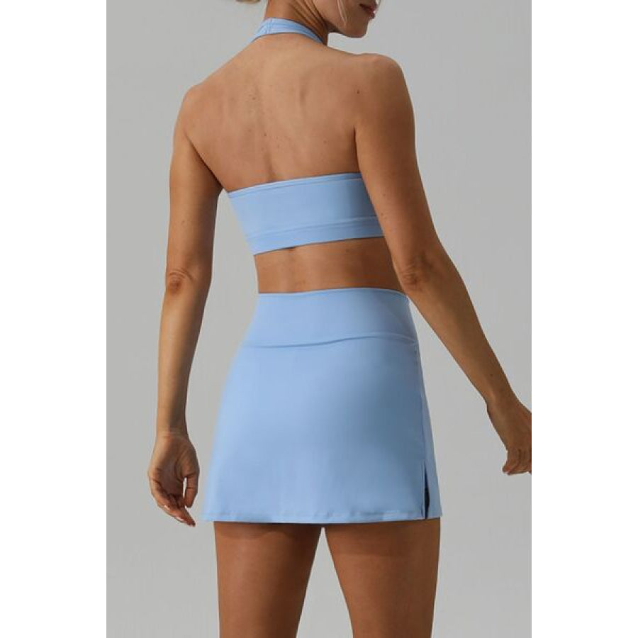 Halter Neck Tank and Slit Skirt Active Set Misty Blue / S Clothing