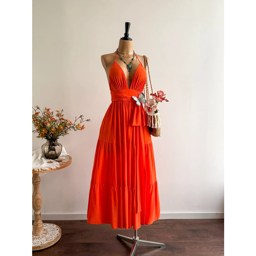 Halter Neck Tiered Dress Orange / S Apparel and Accessories