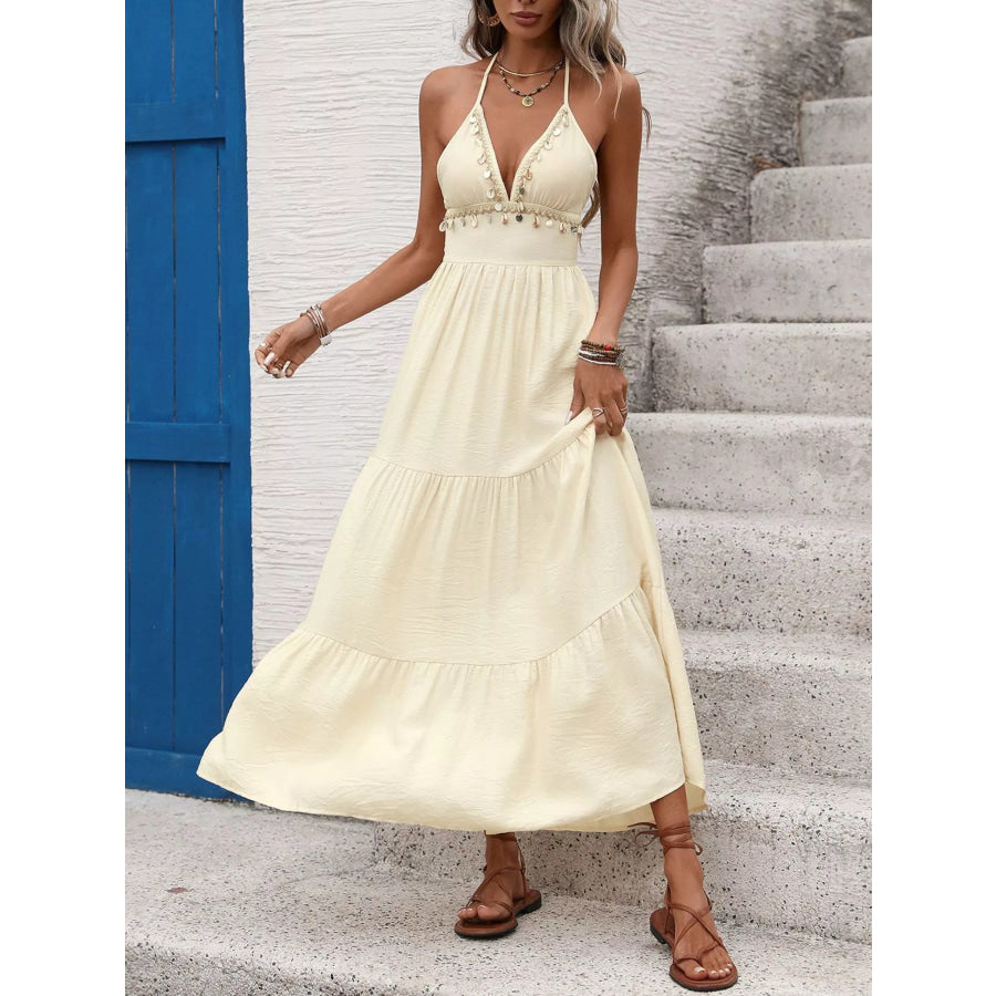 Halter Neck Tiered Maxi Dress Pastel Yellow / S Apparel and Accessories