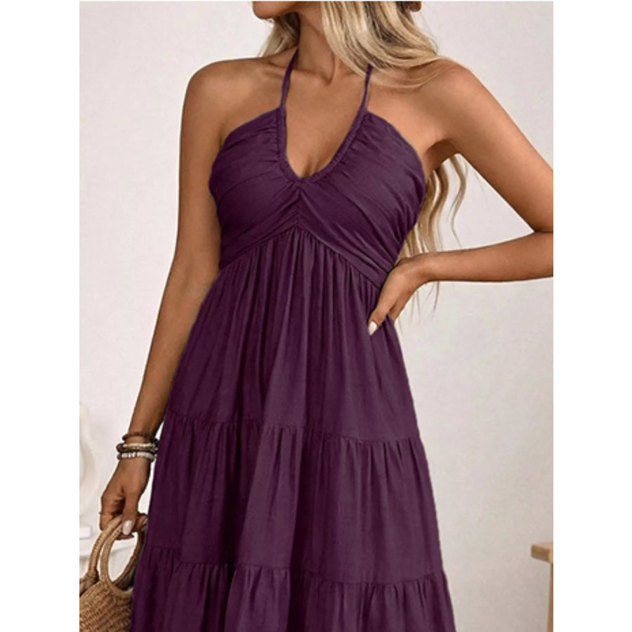 Halter Neck Tiered Midi Dress Apparel and Accessories