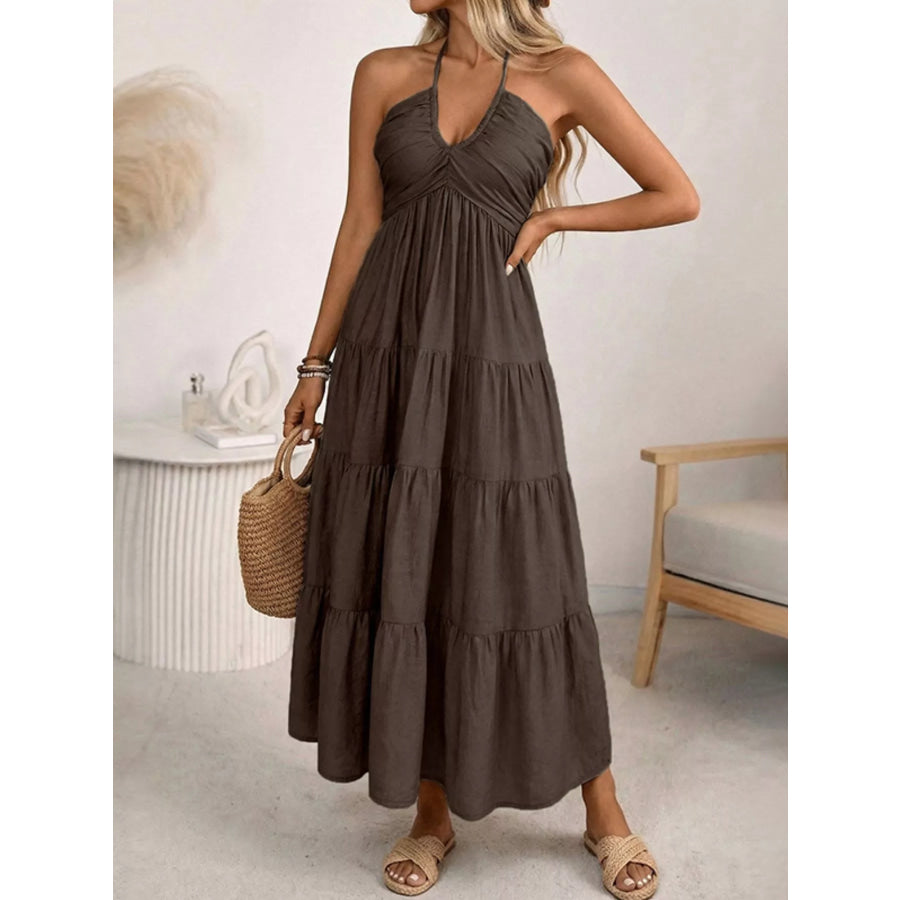 Halter Neck Tiered Midi Dress Dark Brown / S Apparel and Accessories