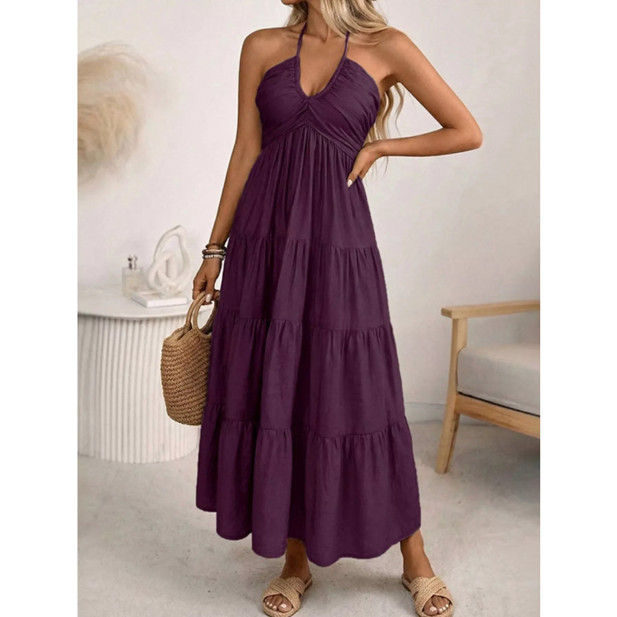 Halter Neck Tiered Midi Dress Plum Purple / S Apparel and Accessories