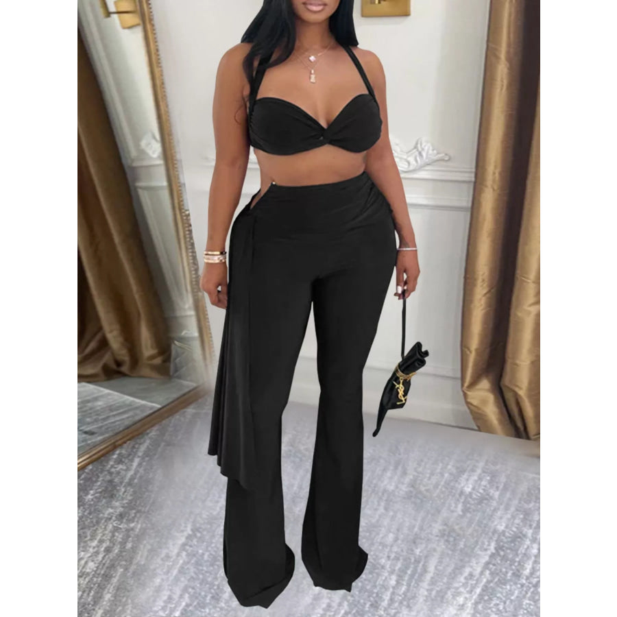 Halter Neck Top and Flare Pants Set Black / S Apparel and Accessories