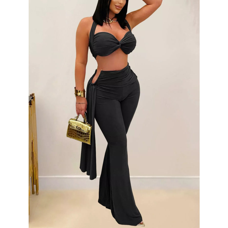 Halter Neck Top and Flare Pants Set Black / S Apparel and Accessories